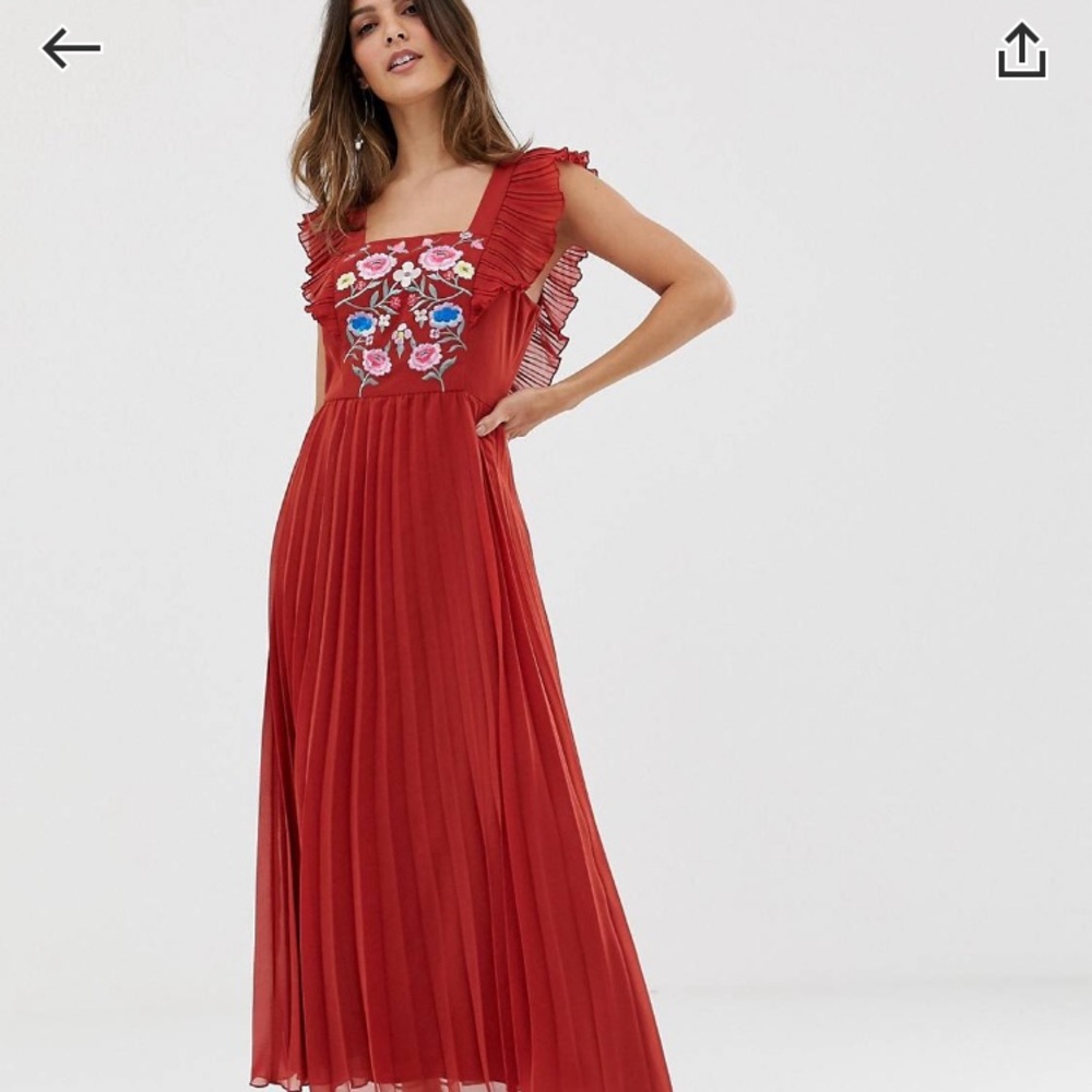 Pleated embroidered square neck skater midi dress